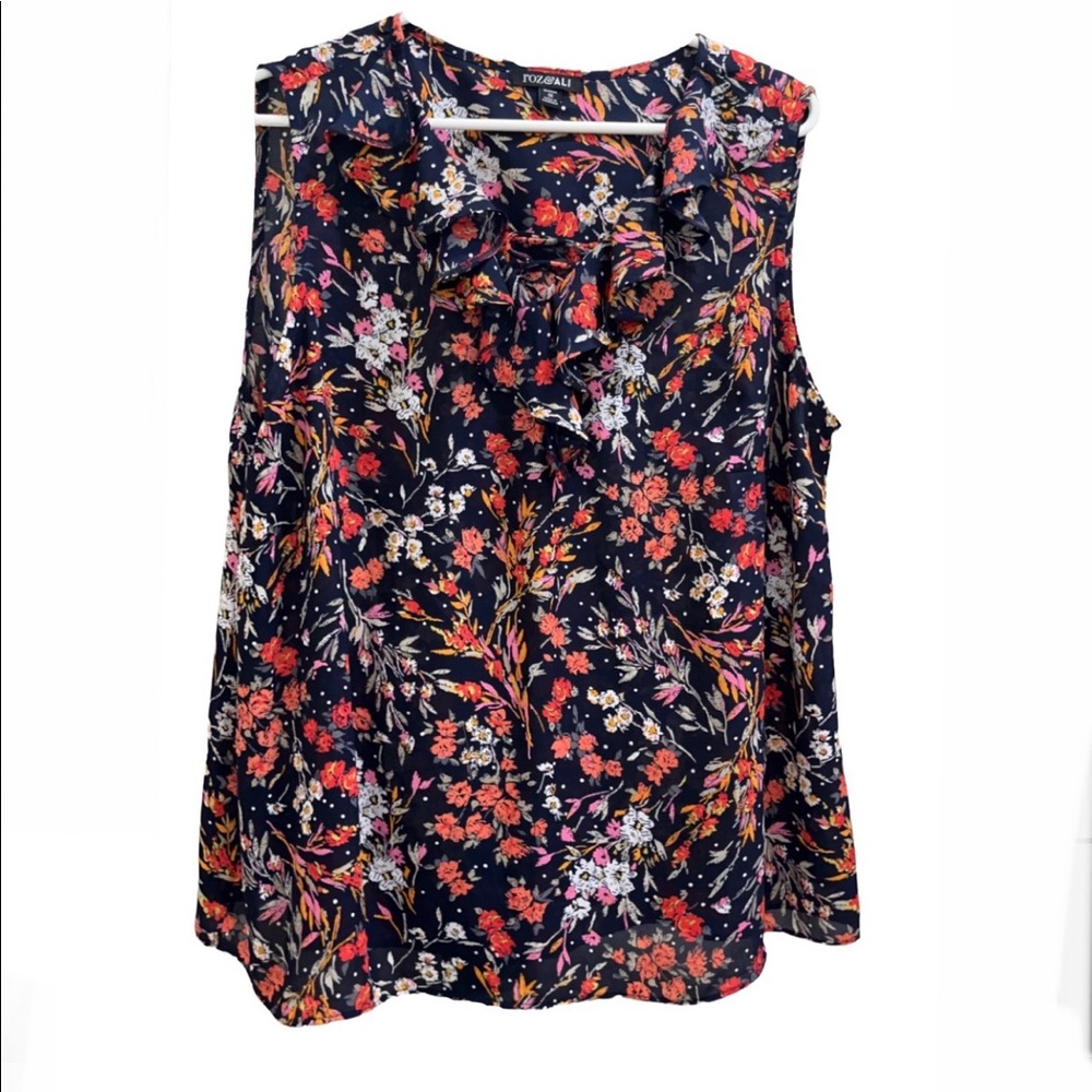 Roz & Ali sleeveless blouse with drawstring collar.